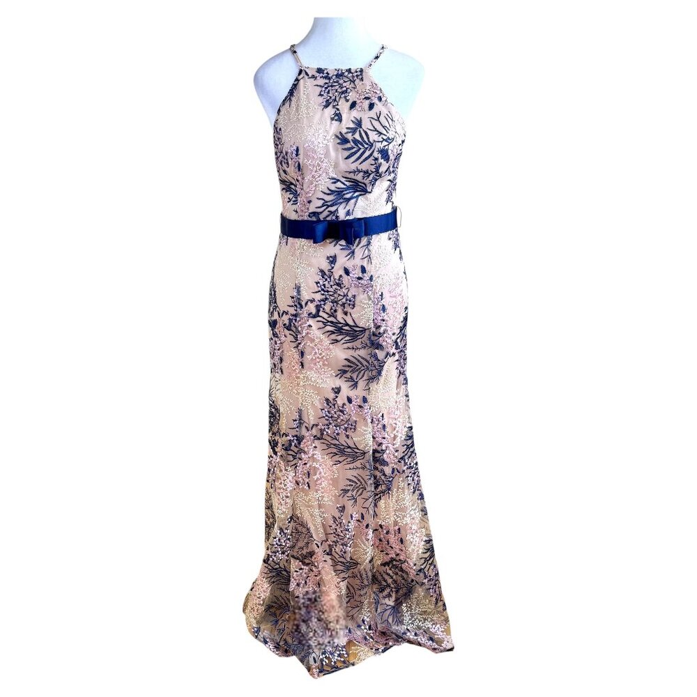 City Triangles Formal Dress Gown Blue Pink Mesh Floral (7 Juniors)